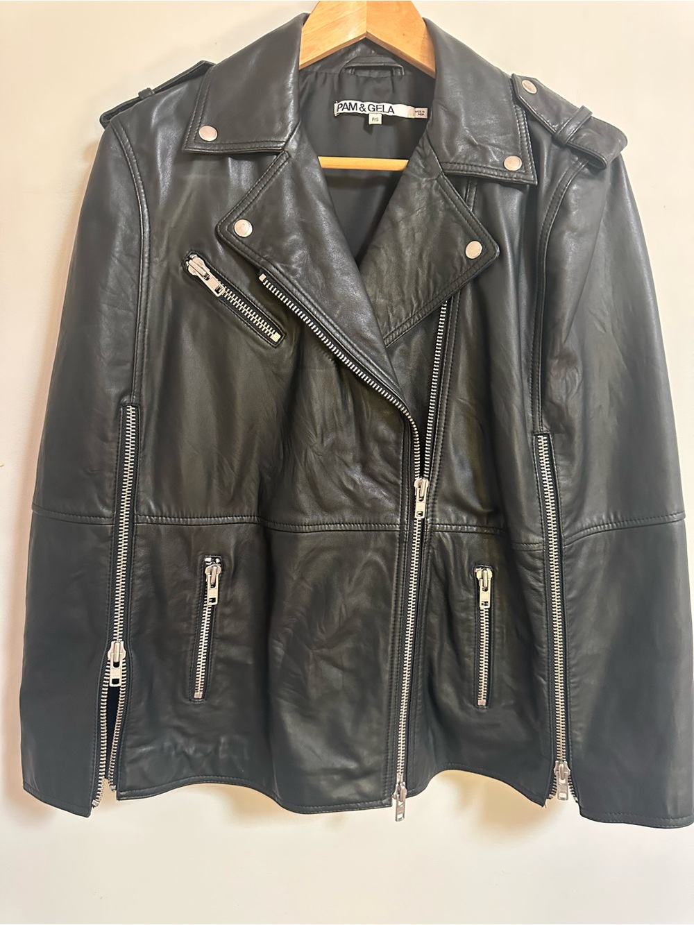 Pam & Gela Black Leather Asymmetrical Moto Jacket with Silver Hardware